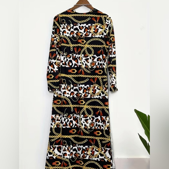 2pc Gold /Black Chain Link Long Sleeve Open Front Cardigan High Waist Pants - Picture 7 of 13